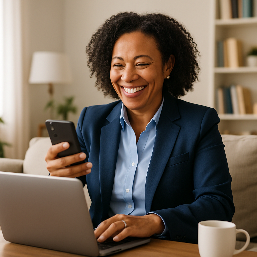 a general picture of someone happy in a leadership position but on their laptop or cellphone at home